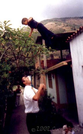 My companion Elder Doney throwing our convert's son David Briceño in Boconó, Trujillo, Venezuela