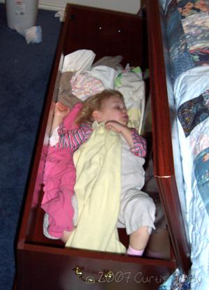 Audrey duerme en el baúl de cobijas