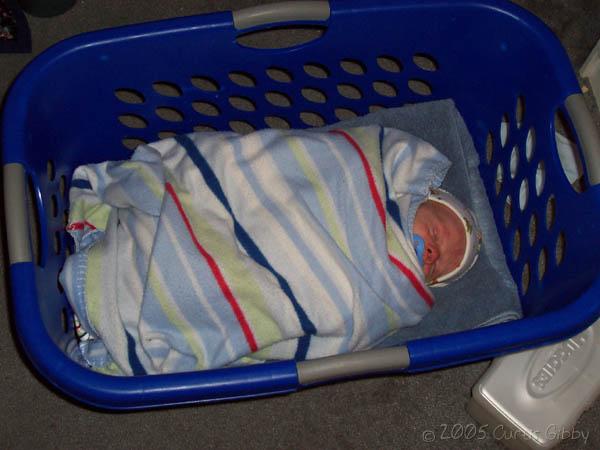 Mi sobrino Andrew duerme en la cesta de ropa