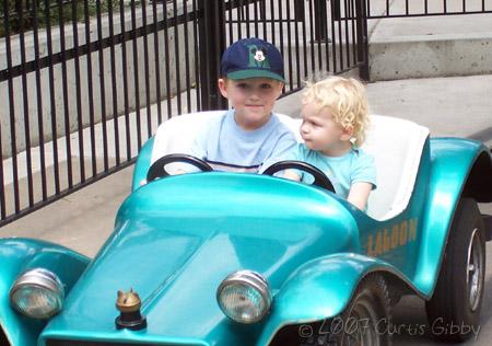 Lagoon - August 2007 - Audrey and Quinn ride the little cars