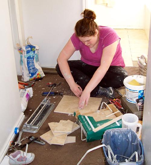 Tile project - Sarah draws amid chaos upstairs