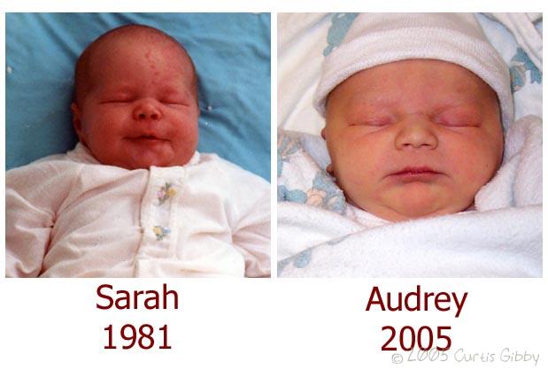 A side-by-side comparison of Sarah and Audrey's baby pictures